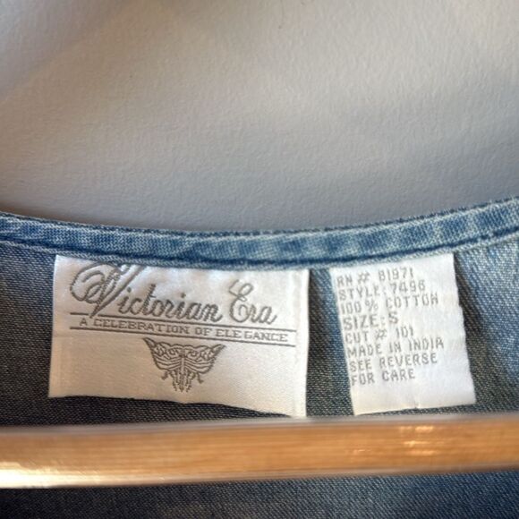 Victorian Era Jean Dress Denim Embroidered Floral Butterfly - Picture 5 of 7